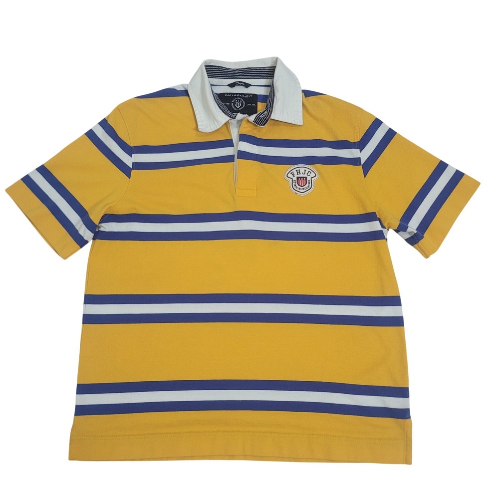 Fahrenheit Large Rugby Shirt Mens‎ Yellow Blue Striped Short Sleeve Patch Collar